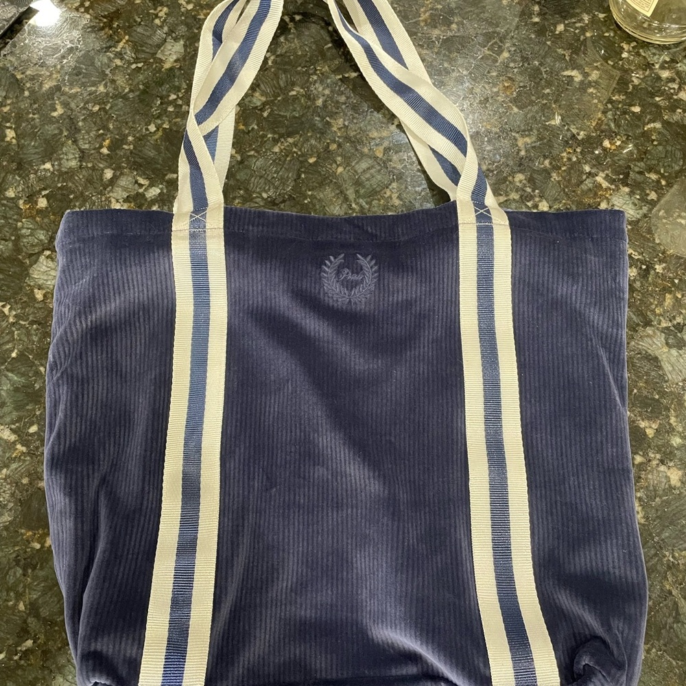 Victorias Secret Pink Brand Navy Corduroy Tote Bag with Striped Handles